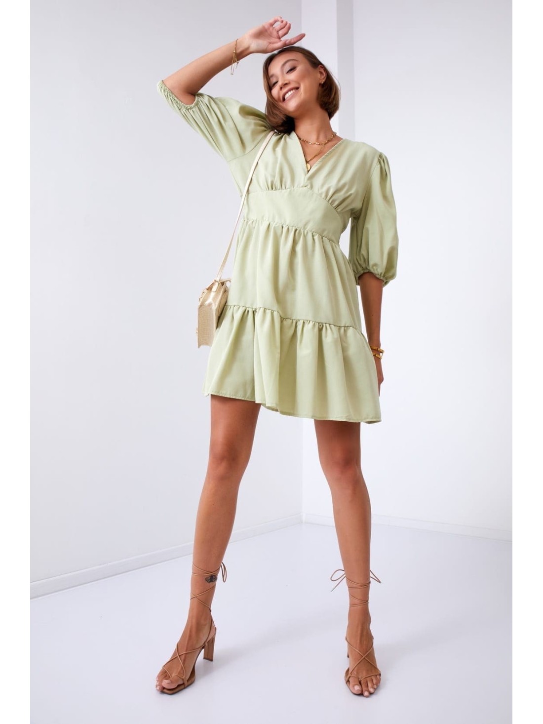 Tailored dress with puffy sleeves, olive green FG651 - Online store - Boutique